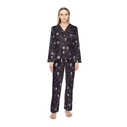 Mahjong & Floral Pattern Pajamas | Midnight Purple Luxury Satin Sleepwear for Women S-4XL