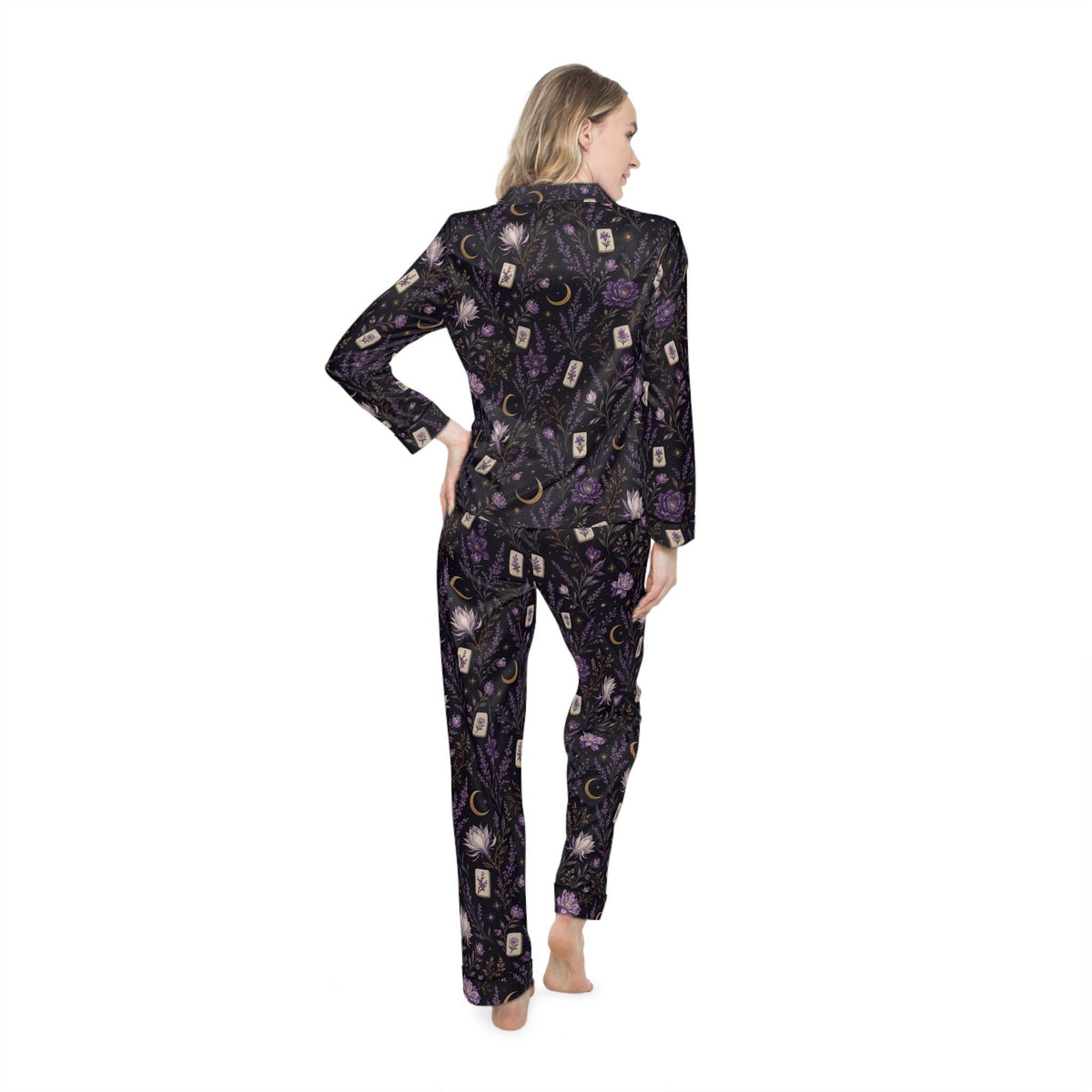 Mahjong & Floral Pattern Pajamas | Midnight Purple Luxury Satin Sleepwear for Women S-4XL