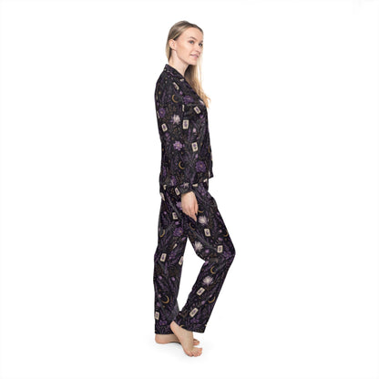 Mahjong & Floral Pattern Pajamas | Midnight Purple Luxury Satin Sleepwear for Women S-4XL