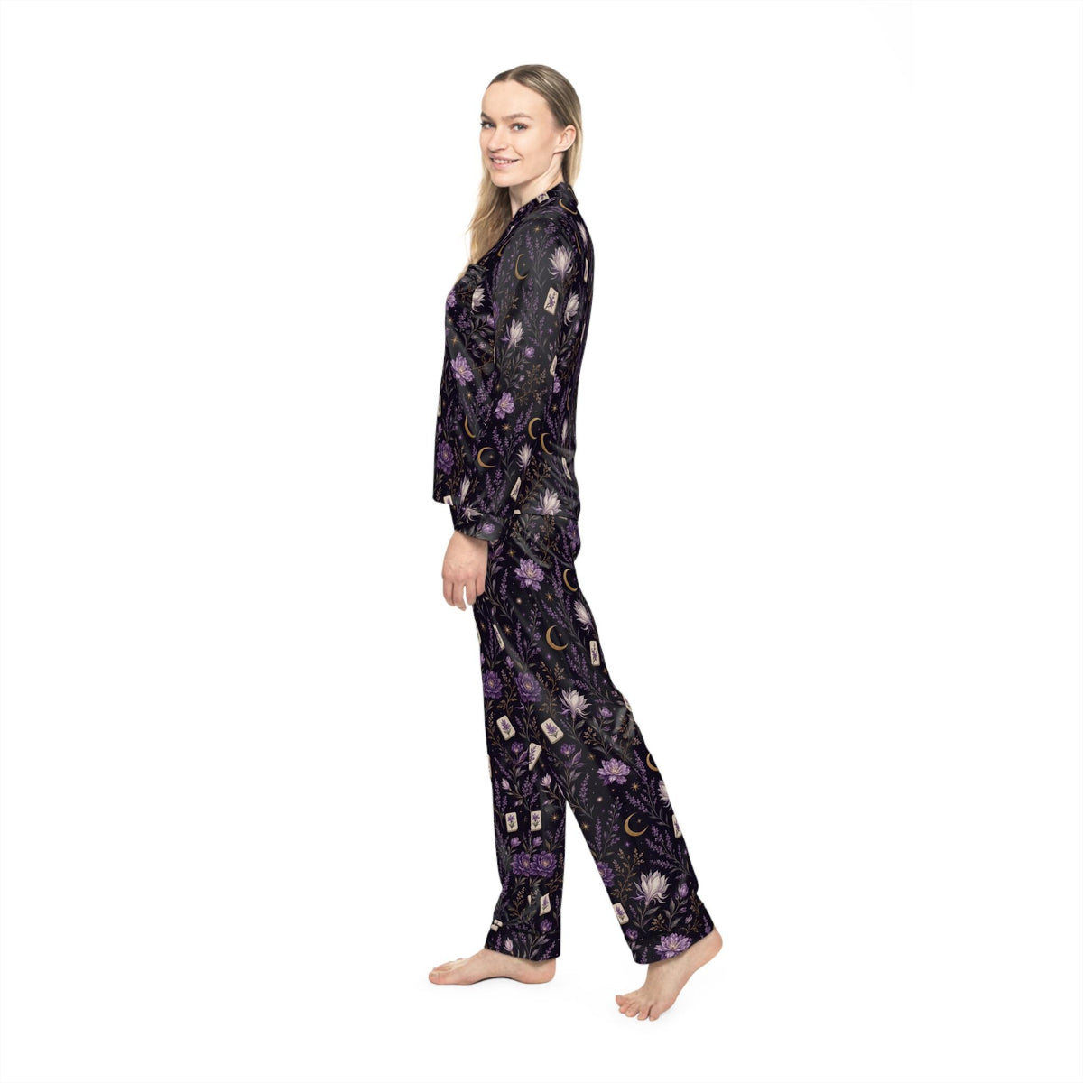 Mahjong & Floral Pattern Pajamas | Midnight Purple Luxury Satin Sleepwear for Women S-4XL