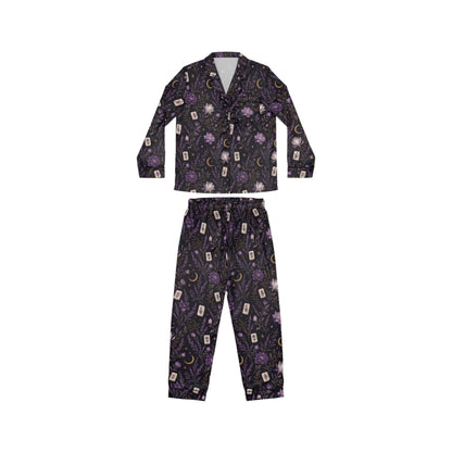 Mahjong & Floral Pattern Pajamas | Midnight Purple Luxury Satin Sleepwear for Women S-4XL