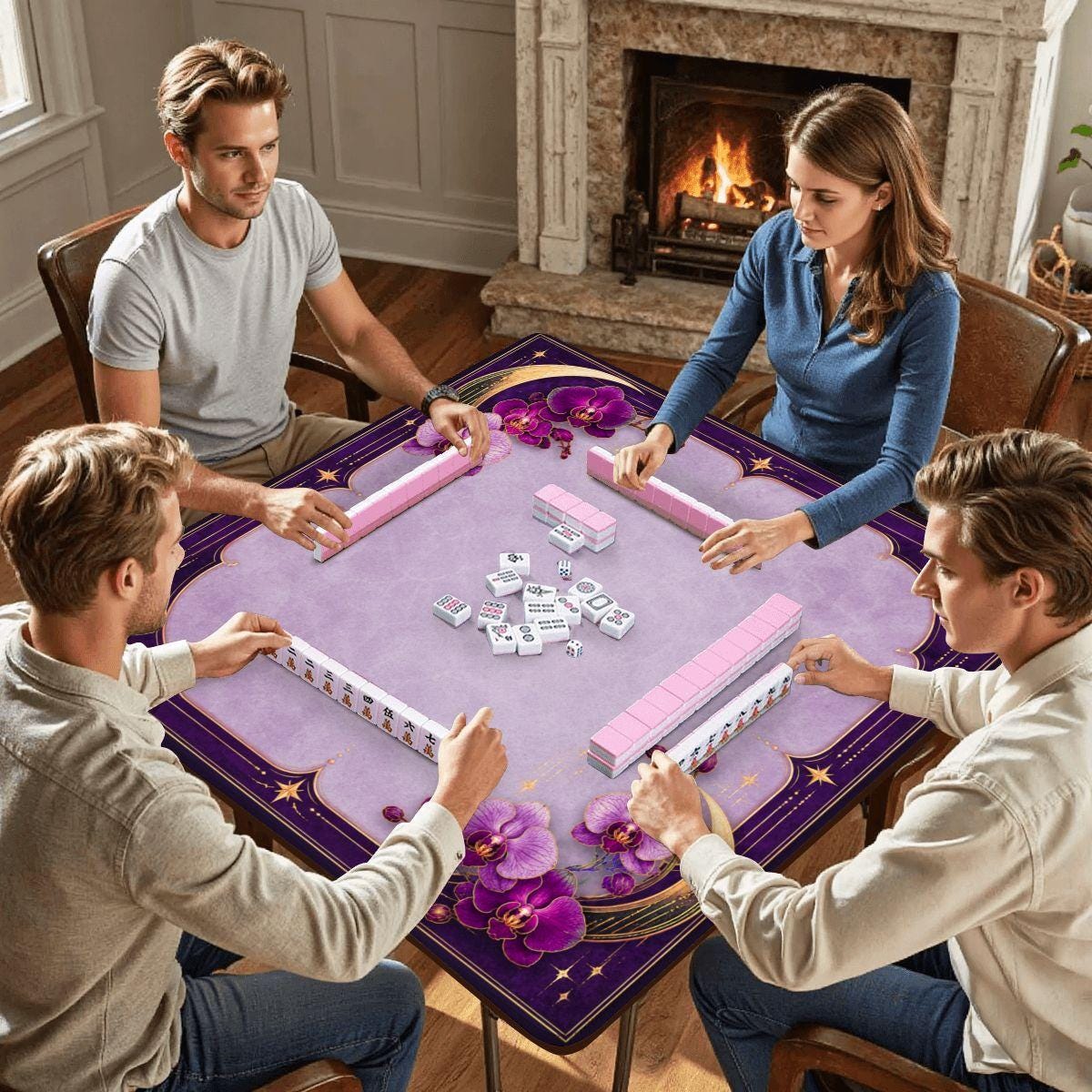 Midnight Mahjong Themed Game Mat, Luxe Purple Mahjong Mat 31.5"x31.5"