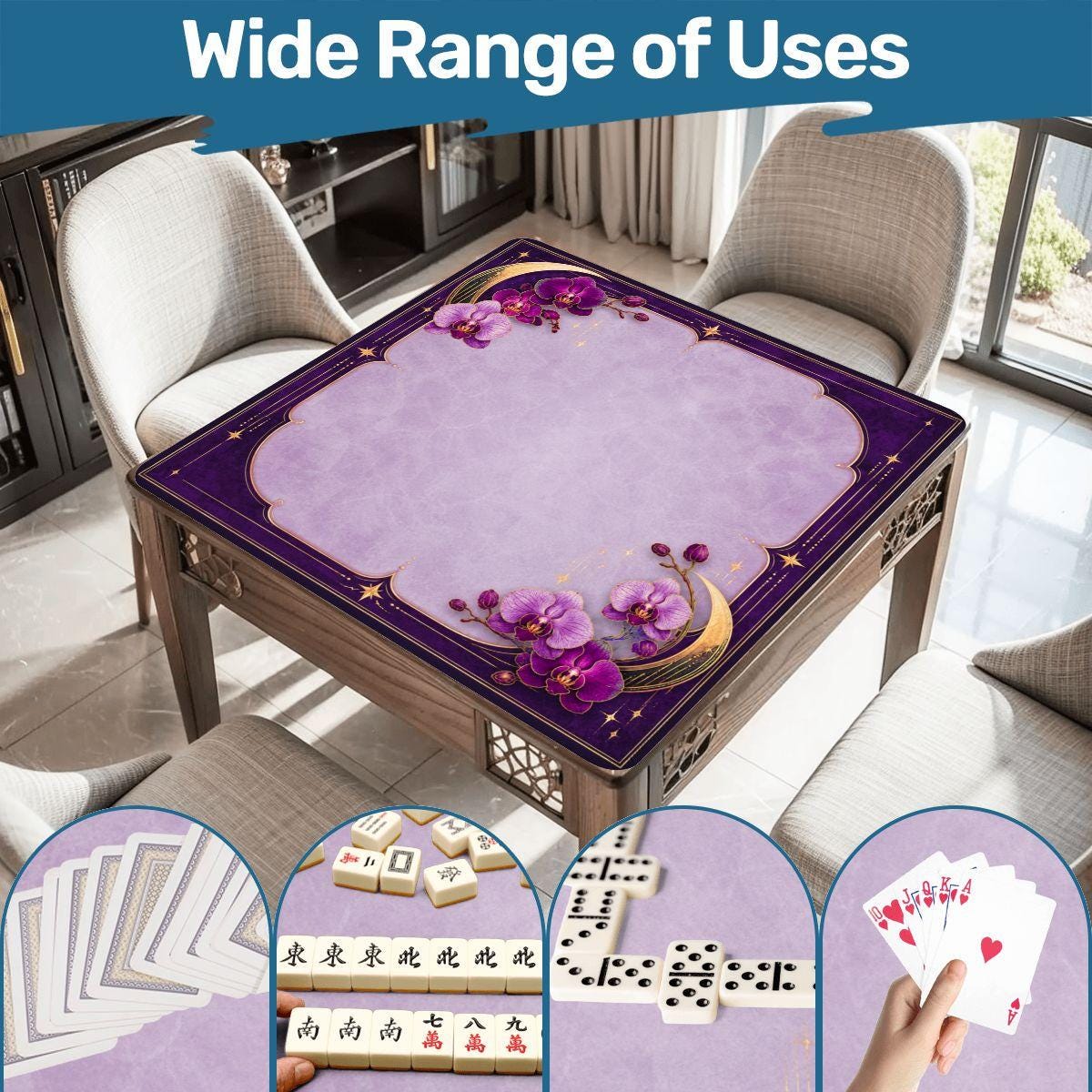 Midnight Mahjong Themed Game Mat, Luxe Purple Mahjong Mat 31.5"x31.5"