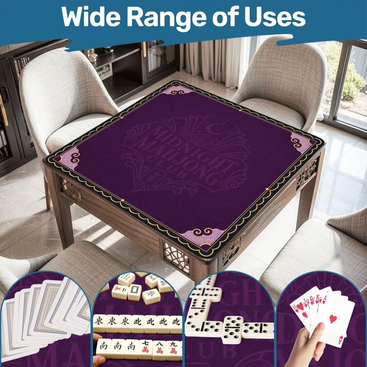 Midnight Mahjong Themed Game Mat, Luxe Purple Mahjong Mat 31.5"x31.5"