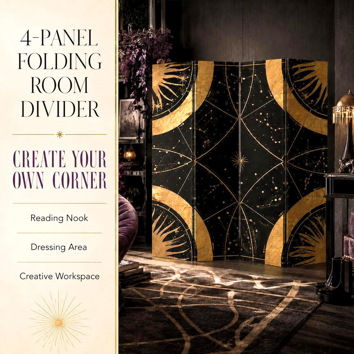May include: A 4-panel folding room divider featuring a black background with gold celestial sun and star constellation patterns. The text on the left reads 4-PANEL FOLDING ROOM DIVIDER, CREATE YOUR OWN CORNER, Reading Nook, Dressing Area, Creative Workspace.