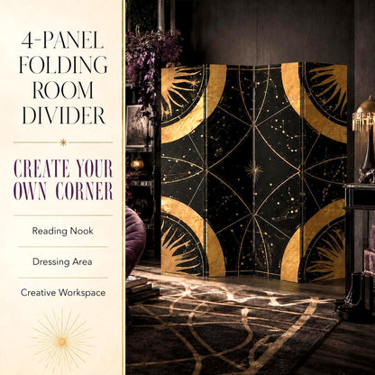 May include: A 4-panel folding room divider featuring a black background with gold celestial sun and star constellation patterns. The text on the left reads 4-PANEL FOLDING ROOM DIVIDER, CREATE YOUR OWN CORNER, Reading Nook, Dressing Area, Creative Workspace.