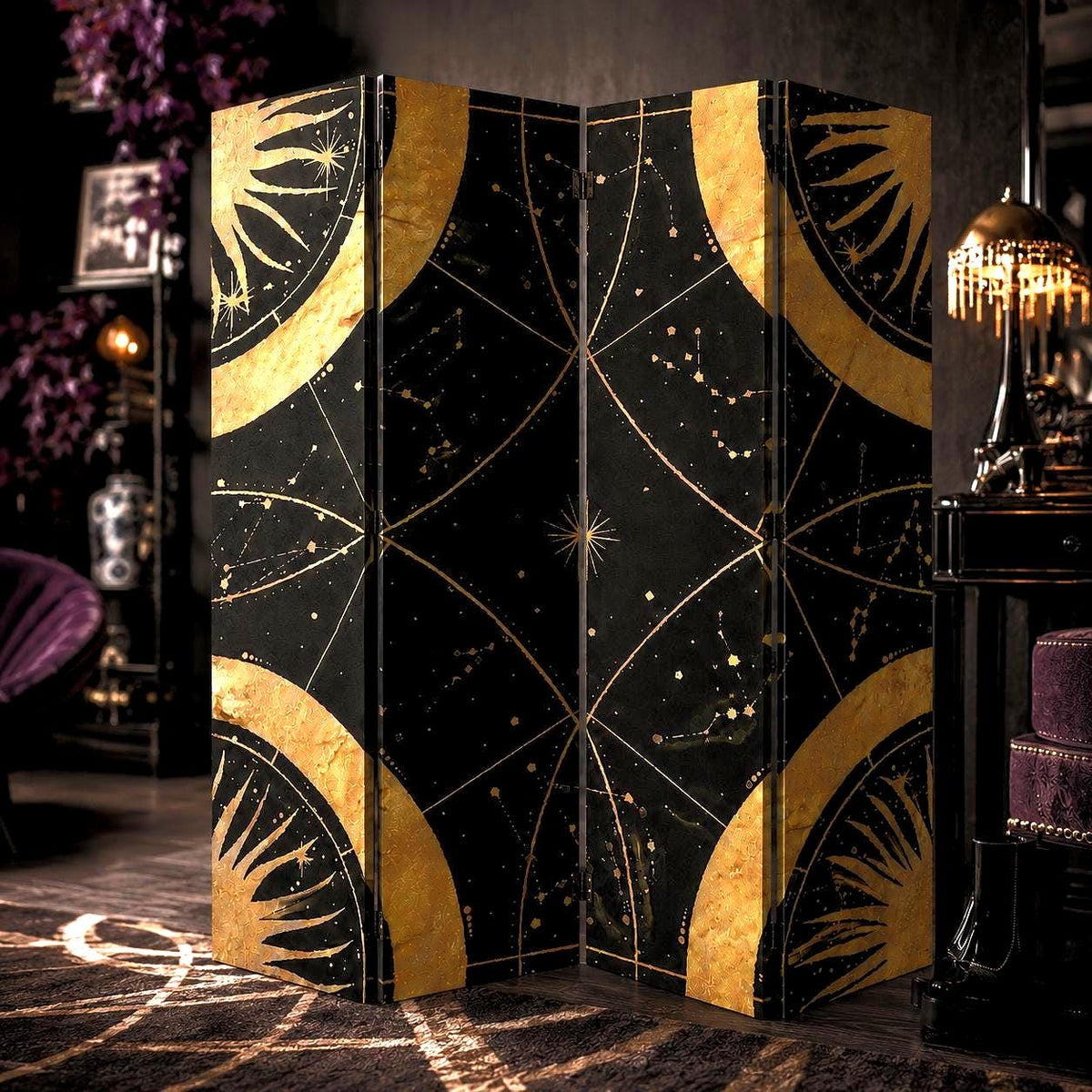 May include: A three-panel folding room divider featuring a black background with gold celestial patterns. The design includes large golden sun motifs at the corners and intricate gold lines depicting constellations and stars across the panels.