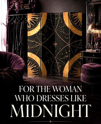 May include: A three-panel folding room divider featuring a black background with gold celestial patterns, including suns and constellations. The text "FOR THE WOMAN WHO DRESSES LIKE MIDNIGHT" is printed in white at the bottom of the image.