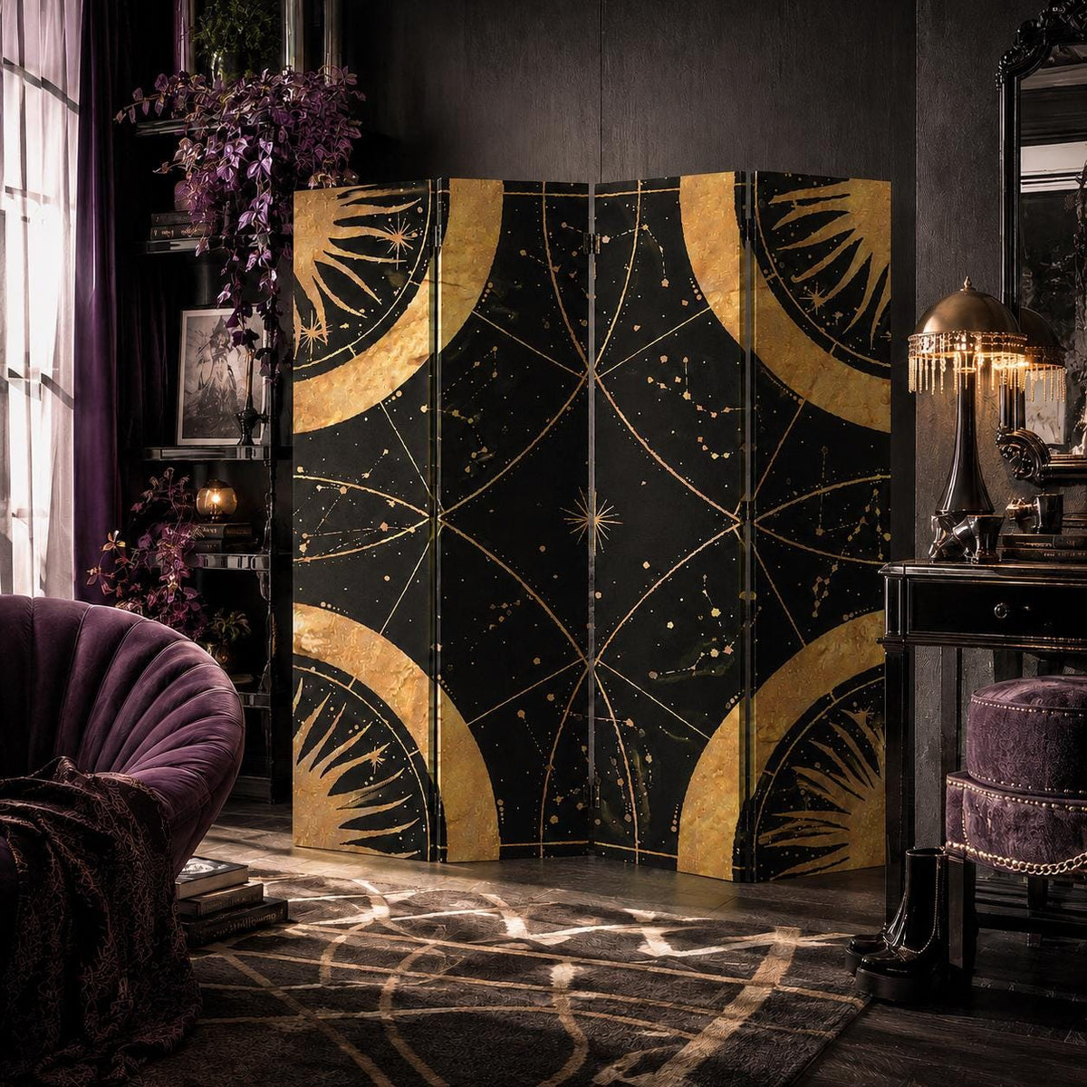 May include: A three-panel folding room divider featuring a black background with gold celestial patterns, including sun motifs and star constellations. The panels are connected by hinges and display a symmetrical design with curved gold accents.