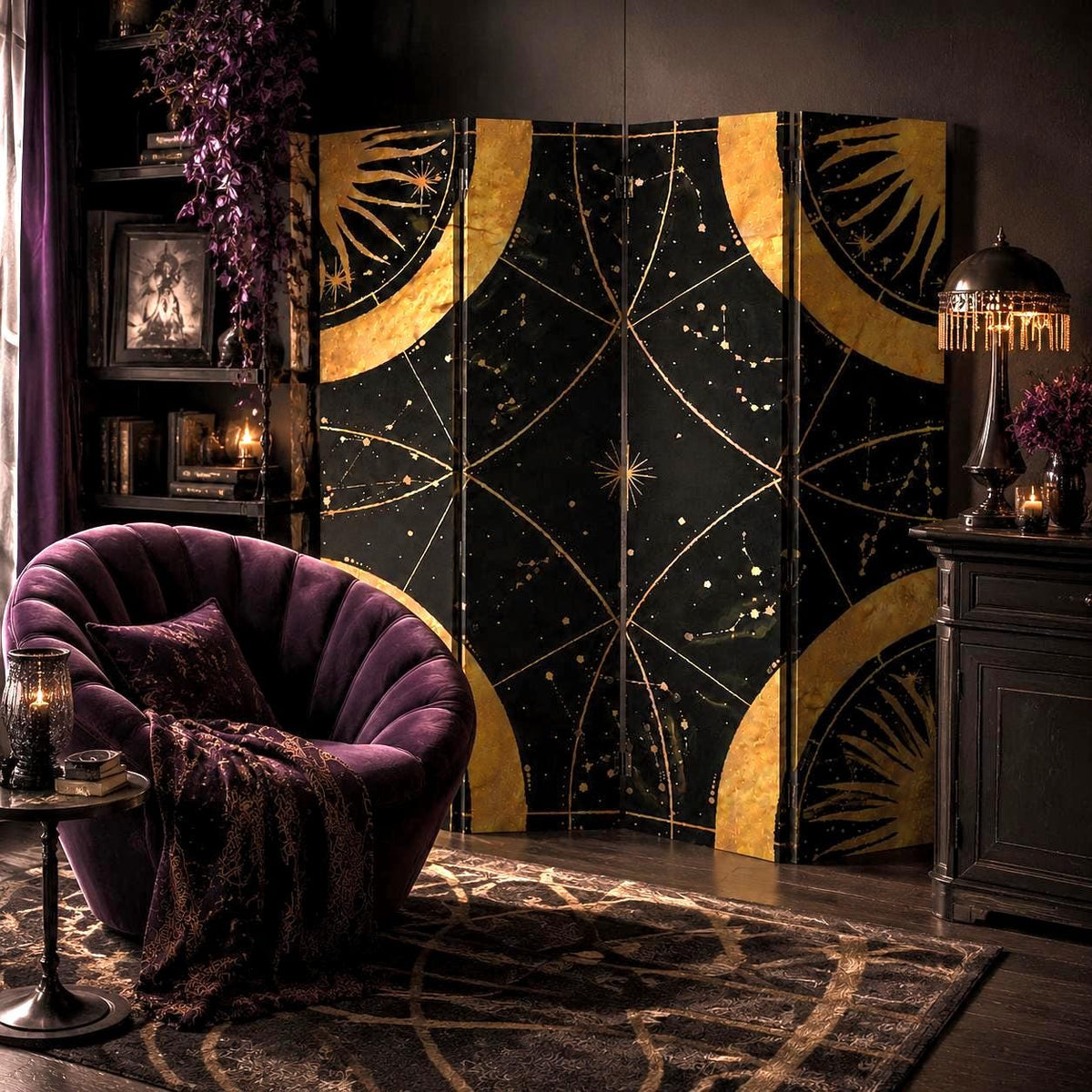 May include: A three-panel folding room divider featuring a black background with gold celestial patterns, including suns and constellations. The divider stands upright, showcasing a repeating geometric design with curved lines and star motifs.