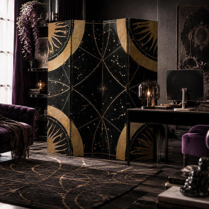 May include: A three-panel folding room divider featuring a black background with gold celestial patterns, including suns, stars, and constellations. The screen has a matte finish and is constructed with hinged panels that stand upright on the floor.