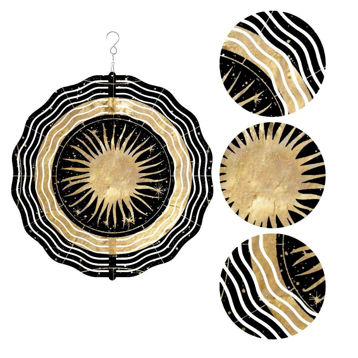 Black and Gold Sun Wind Spinner | 3D Metal Celestial Garden Spinner | Witchy Whimsigoth Decor Indoor or Outdoor