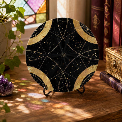 May include: A round wall clock featuring a black face with gold celestial constellation patterns and curved gold accents. The clock has thin black hands and is supported by a black metal stand, displaying a detailed map of the night sky.