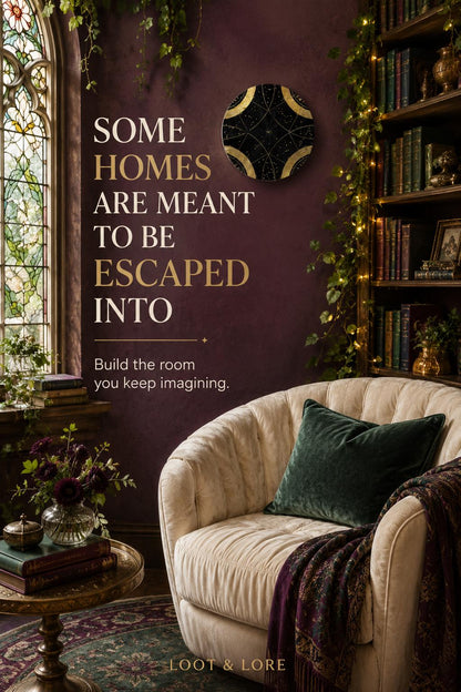 May include: A cream-colored tufted armchair with a dark green velvet pillow and a dark purple patterned throw blanket. The wall features the text: SOME HOMES ARE MEANT TO BE ESCAPED INTO. Build the room you keep imagining. LOOT &amp; LORE.