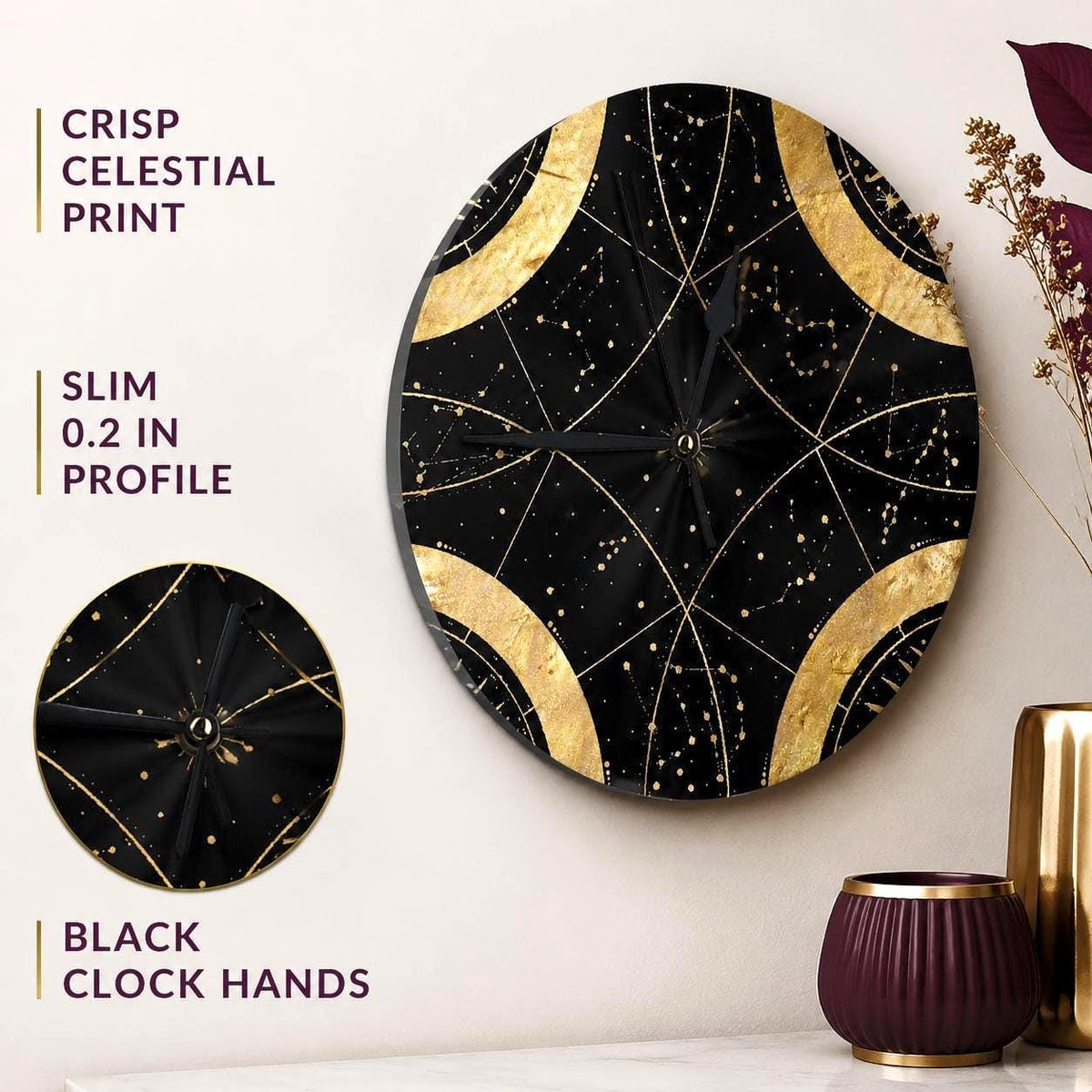 May include: A round wall clock featuring a black background with gold celestial patterns and constellations. The clock has black hands and a slim 0.2 inch profile. Text on the image reads: CRISP CELESTIAL PRINT, SLIM 0.2 IN PROFILE, BLACK CLOCK HANDS.