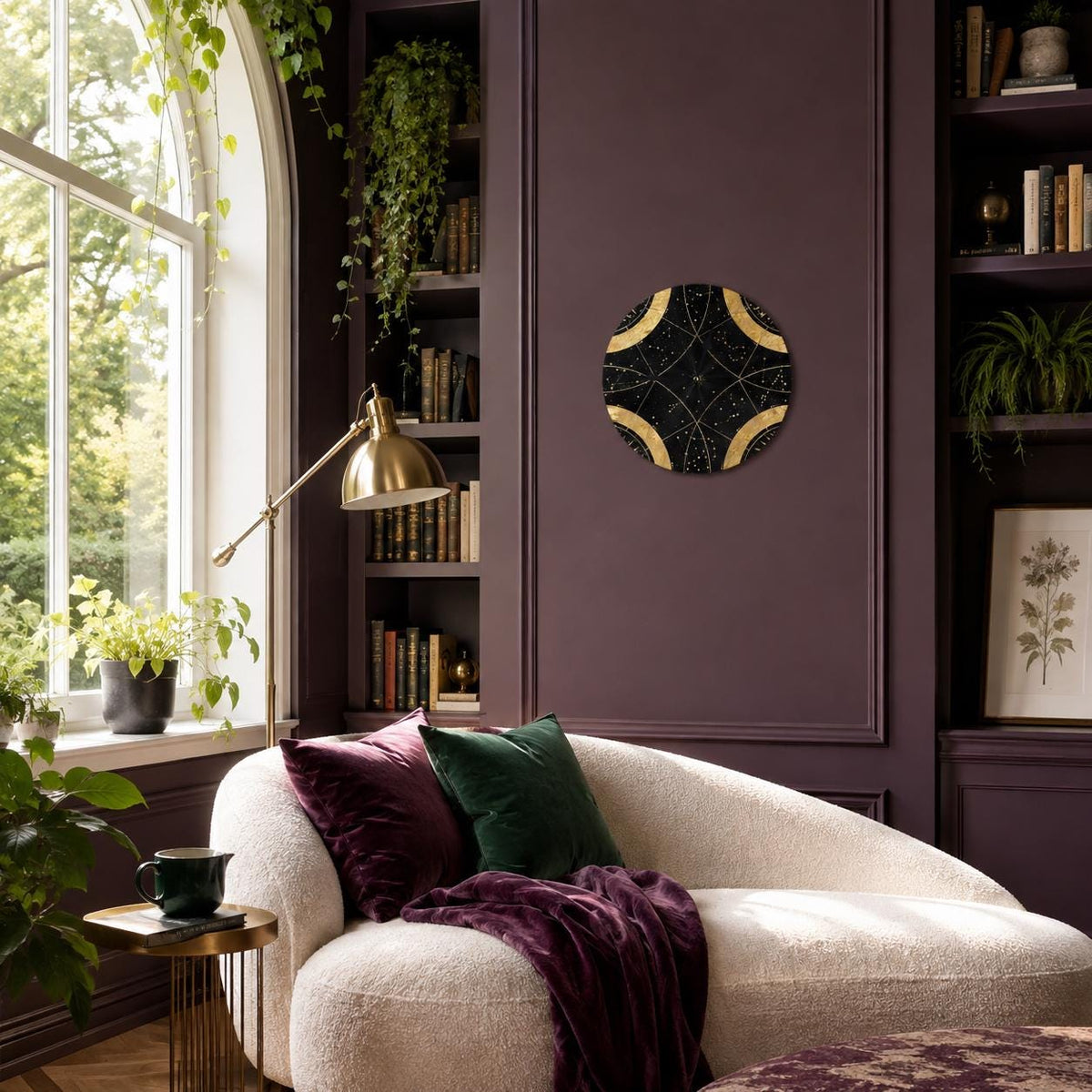 May include: A circular wall art piece featuring a black background with gold geometric lines and star-like patterns. The design consists of four symmetrical curved sections meeting in the center, creating a celestial-inspired motif on a wall.