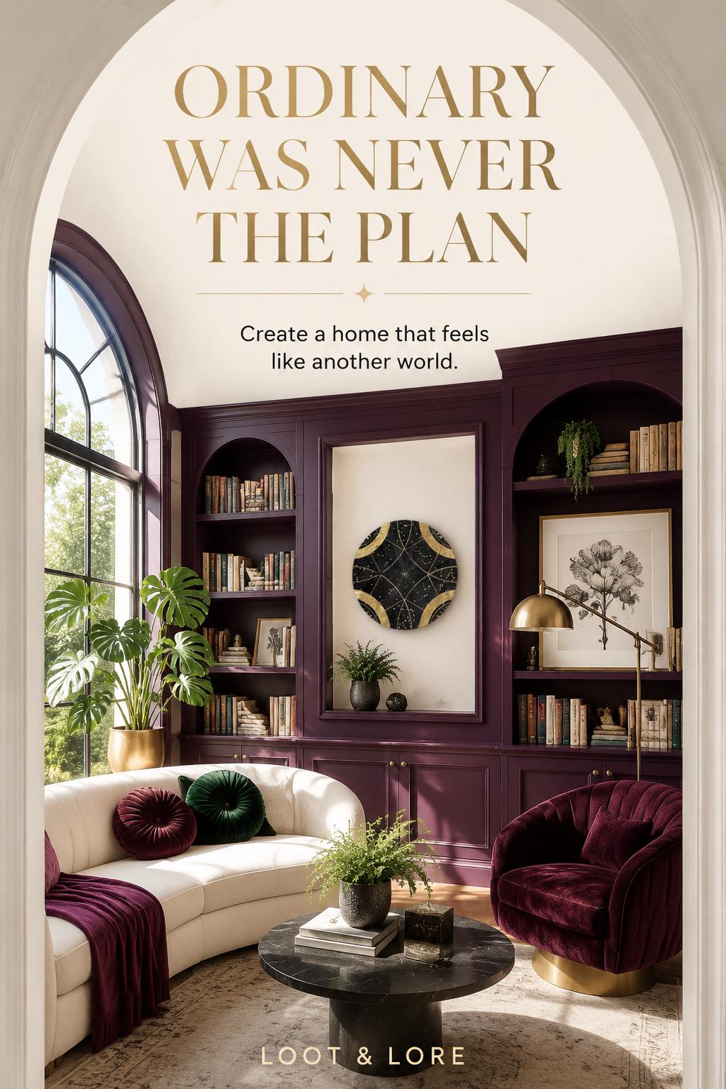 May include: A living room featuring deep purple built-in bookshelves, a cream curved sofa with purple and green round pillows, a dark marble coffee table, and a purple velvet armchair. Text reads: ORDINARY WAS NEVER THE PLAN. Create a home that feels like another world. LOOT &amp; LORE.