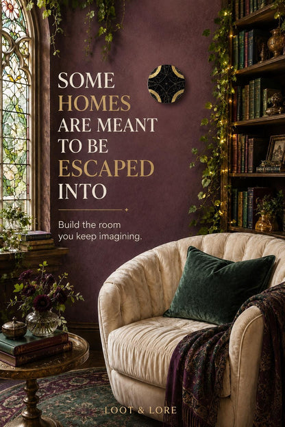 May include: A cream-colored tufted armchair with a dark green velvet pillow and a patterned throw blanket. The wall features the text: SOME HOMES ARE MEANT TO BE ESCAPED INTO. Build the room you keep imagining. LOOT &amp; LORE is printed at the bottom.