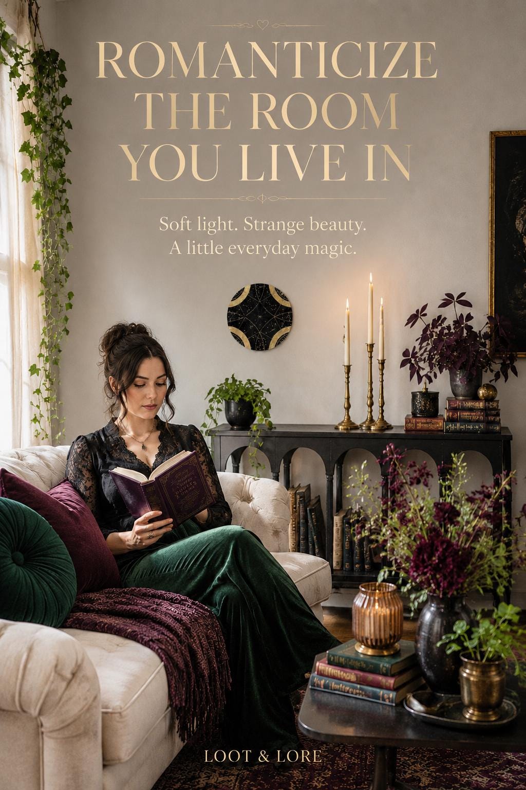 May include: A black circular wall art piece with gold celestial patterns, displayed above a black console table with brass candlesticks, books, and a vase of dark flowers. Text reads: ROMANTICIZE THE ROOM YOU LIVE IN. Soft light. Strange beauty. A little everyday magic. LOOT &amp; LORE.