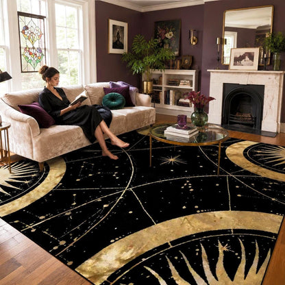 May include: A large rectangular area rug featuring a black background with gold celestial patterns, including sunbursts, stars, and constellations. The design incorporates geometric lines and circular motifs that span across the entire surface.