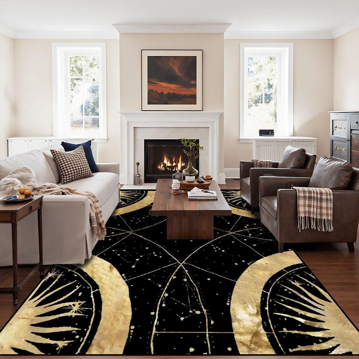 Black and Gold Celestial Area Rug | Boho Sunburst Mandala Floor Carpet | Witchy Whimsigoth Living Room Rug | Multiple Sizes