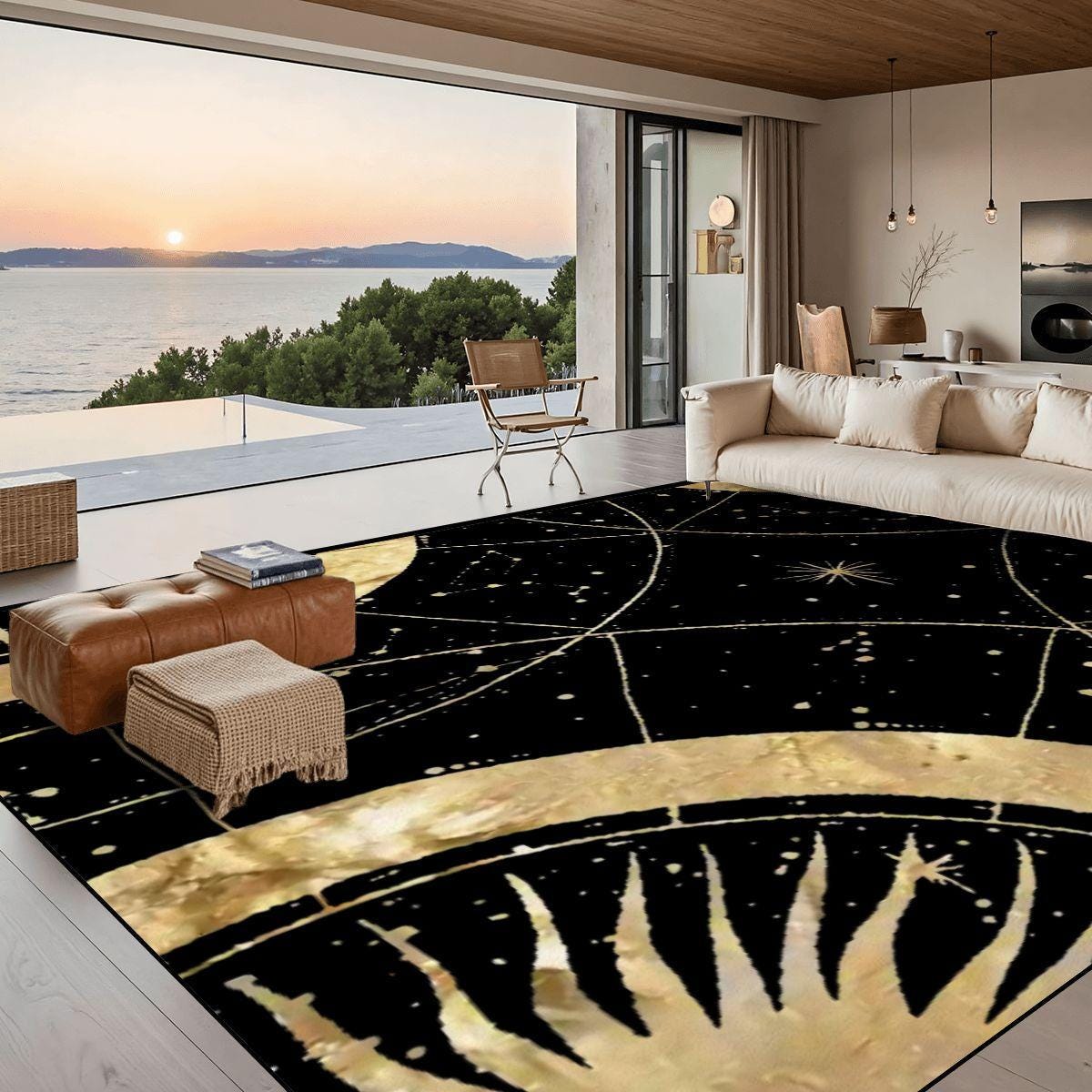 Black and Gold Celestial Area Rug | Boho Sunburst Mandala Floor Carpet | Witchy Whimsigoth Living Room Rug | Multiple Sizes
