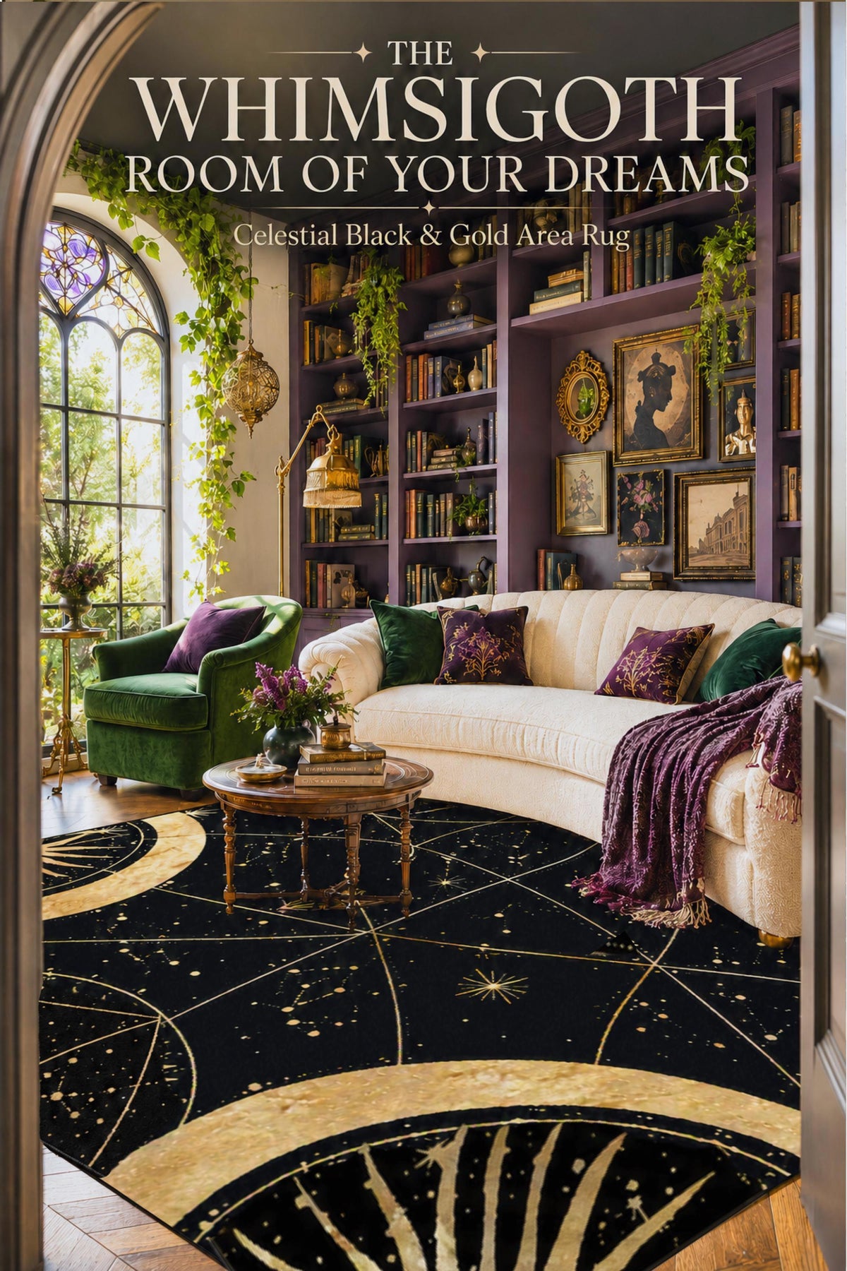 May include: A black area rug featuring a gold celestial pattern of stars, constellations, and moon phases. The text on the image reads: THE WHIMSIGOTH ROOM OF YOUR DREAMS Celestial Black &amp; Gold Area Rug. The rug is placed in a room with a sofa.