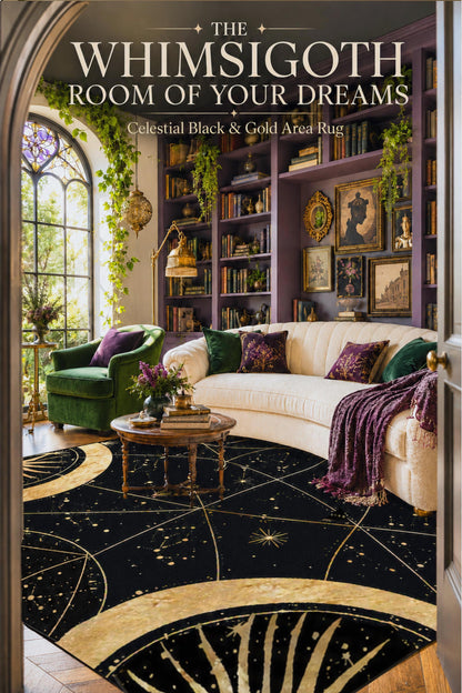 May include: A black area rug featuring a gold celestial pattern of stars, constellations, and moon phases. The text on the image reads: THE WHIMSIGOTH ROOM OF YOUR DREAMS Celestial Black &amp; Gold Area Rug. The rug is placed in a room with a sofa.