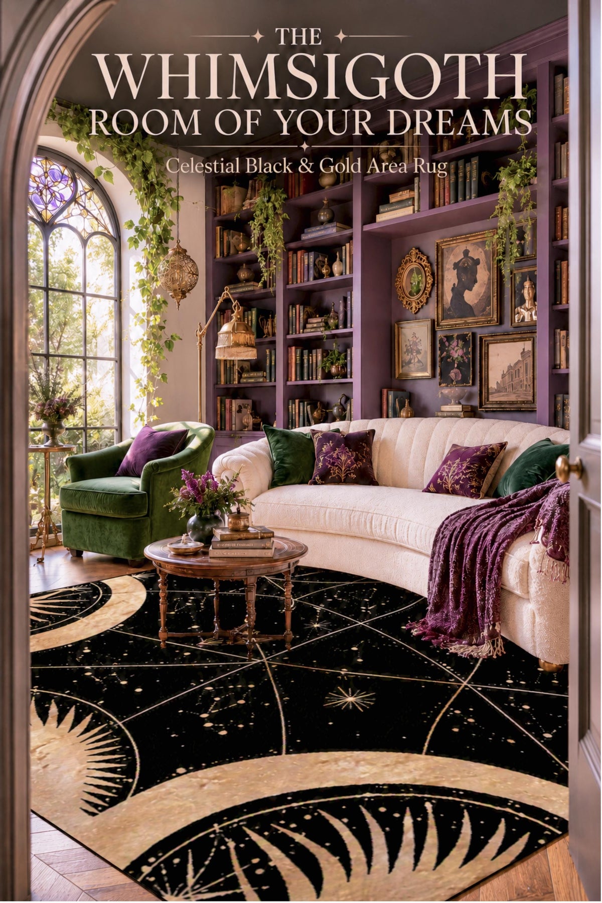 May include: A black area rug featuring a gold celestial pattern of suns, moons, and stars. The text on the image reads: THE WHIMSIGOTH ROOM OF YOUR DREAMS Celestial Black &amp; Gold Area Rug. The rug is positioned in a room with a white sofa and green chair.
