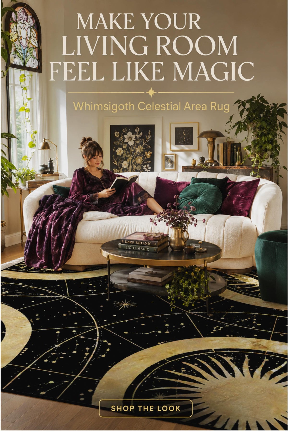 May include: A black area rug featuring a gold celestial pattern with sun, moon, and star motifs. The rug has a circular design with radiating lines and constellations printed across the surface, covering the floor in front of a white sofa.