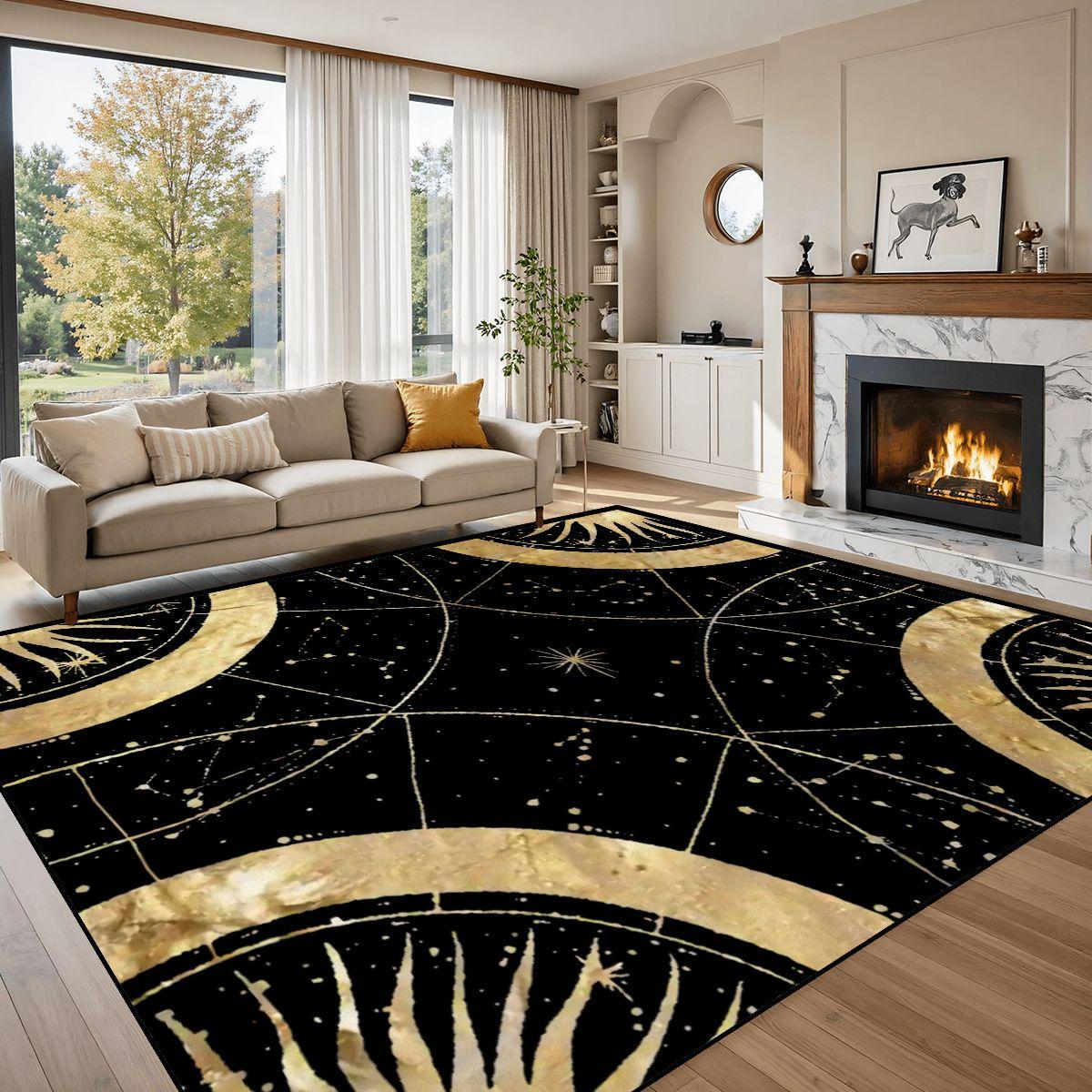 Black and Gold Celestial Area Rug | Boho Sunburst Mandala Floor Carpet | Witchy Whimsigoth Living Room Rug | Multiple Sizes