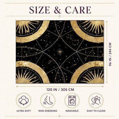 May include: A rectangular black tapestry featuring gold celestial sun and constellation patterns. The text SIZE &amp; CARE appears at the top. Dimensions are 96 inches by 120 inches. Icons indicate the item is ultra soft, non-shedding, washable, and easy to clean.
