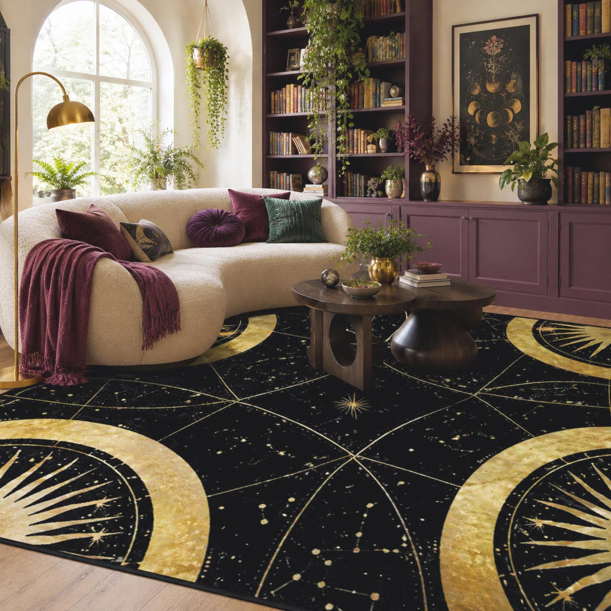 May include: A rectangular area rug featuring a black background with gold celestial patterns, including sunburst motifs and constellations. The design includes intersecting geometric lines and star-like details across the surface of the floor covering.