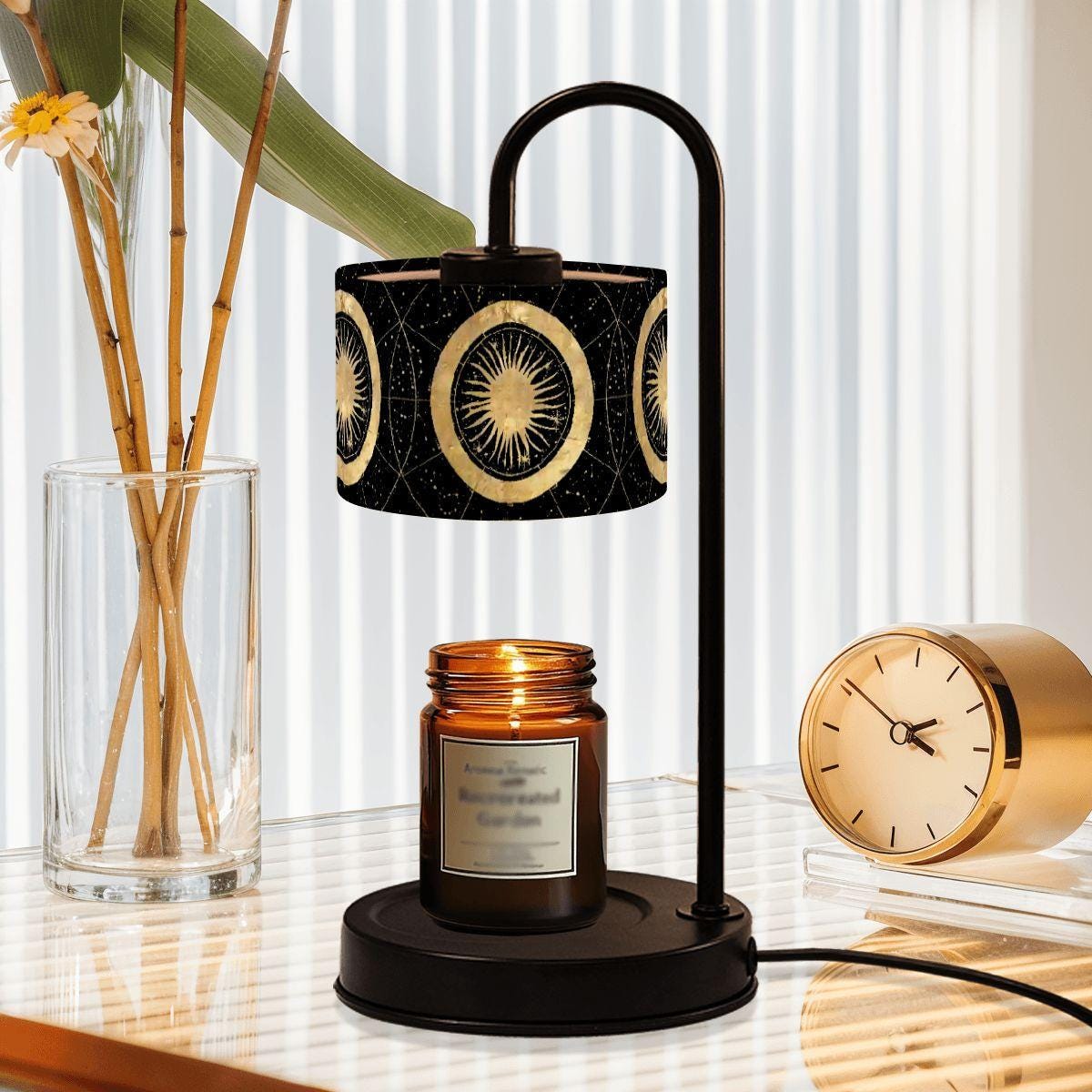 Black and Gold Celestial Candle Warmer Lamp | Sun Moon Wax Melt Warmer | Witchy Whimsigoth Home Decor | Flameless Candle Lamp
