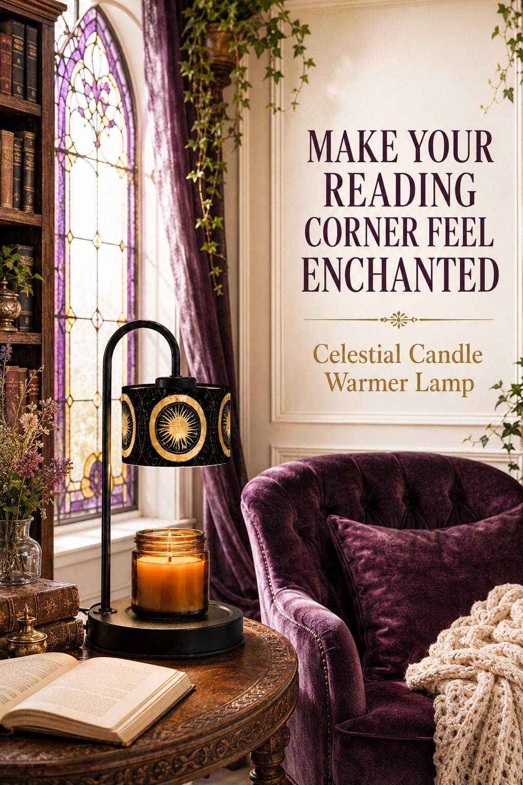 May include: A black metal candle warmer lamp with a cylindrical shade featuring gold celestial sun and star motifs. The lamp sits on a round base holding a glass jar candle with a lit wick. Text reads: MAKE YOUR READING CORNER FEEL ENCHANTED.