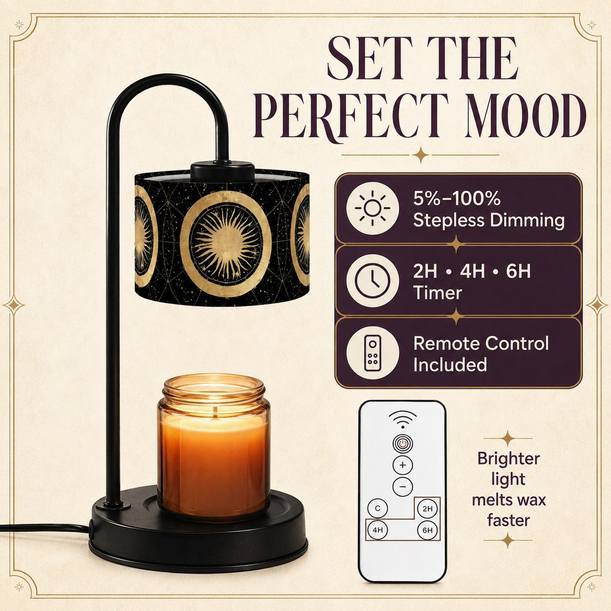 May include: A black metal candle warmer lamp with a cylindrical shade featuring a gold sun pattern. It includes a glass jar candle, a remote control, and text indicating 5%-100% stepless dimming, a 2H, 4H, 6H timer, and that brighter light melts wax faster.