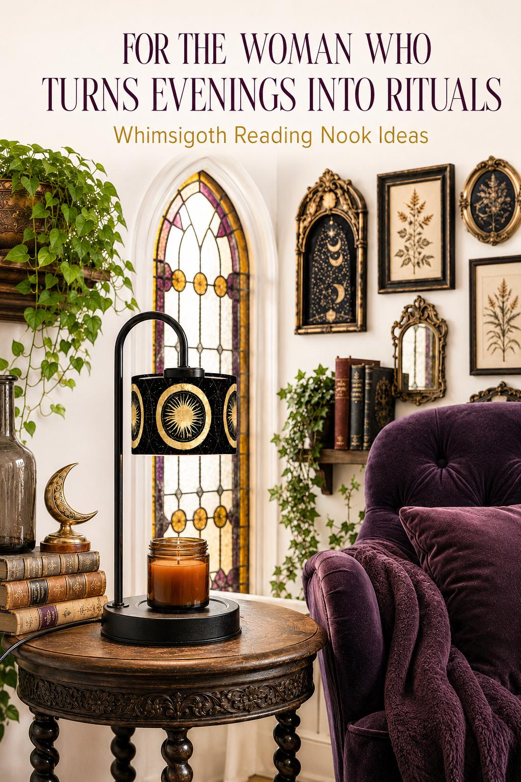 May include: A black candle warmer lamp with a cylindrical shade featuring gold sun and star motifs. The text reads: FOR THE WOMAN WHO TURNS EVENINGS INTO RITUALS Whimsigoth Reading Nook Ideas. The lamp sits on a round wooden table next to a glass candle.
