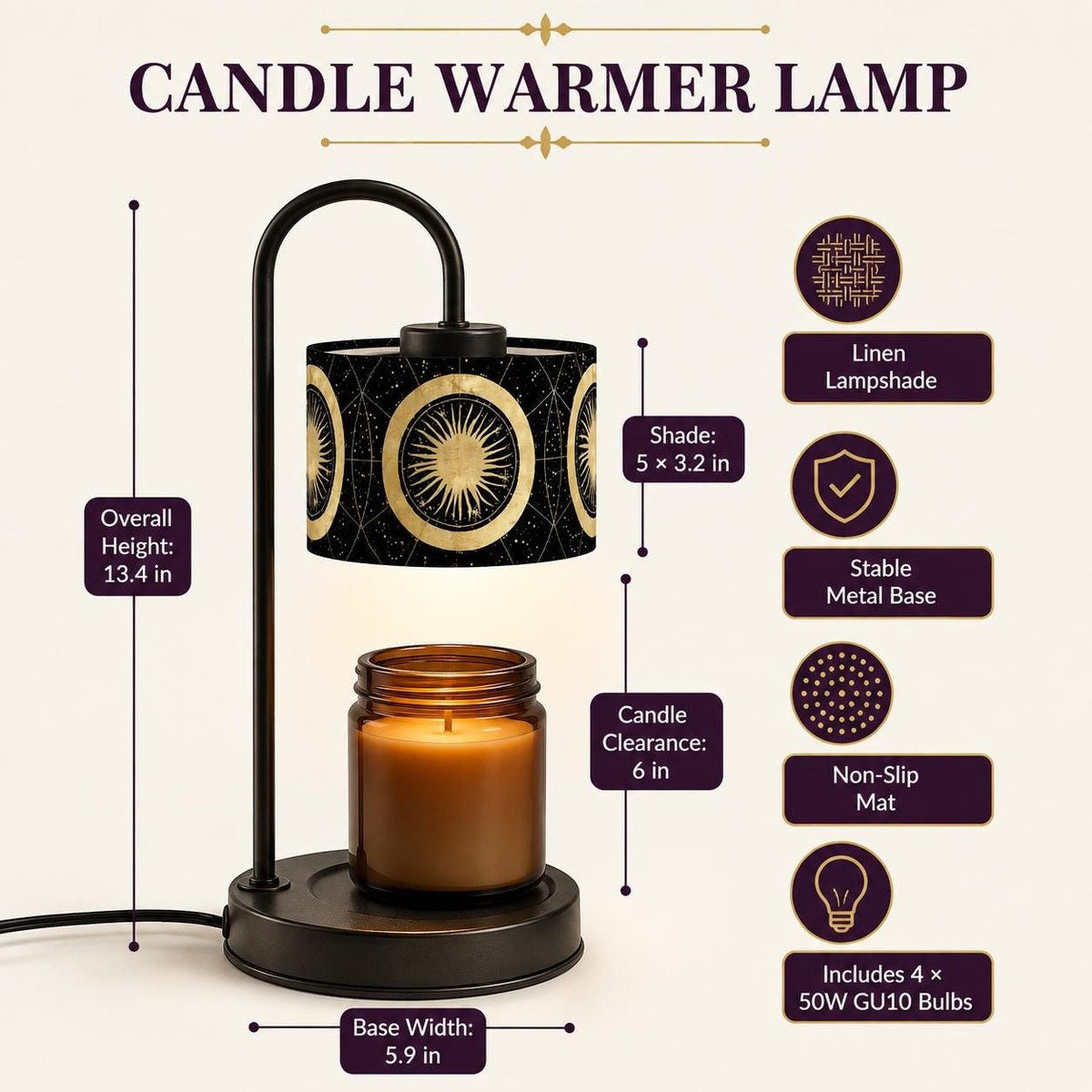 May include: A black metal candle warmer lamp with a linen lampshade featuring a gold sun pattern. The lamp has an overall height of 13.4 inches, a 5 by 3.2 inch shade, and 6 inches of candle clearance. It includes a stable base and four 50W GU10 bulbs.