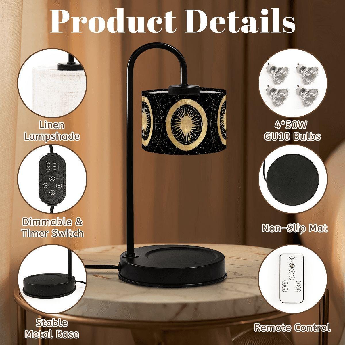 Black and Gold Celestial Candle Warmer Lamp | Sun Moon Wax Melt Warmer | Witchy Whimsigoth Home Decor | Flameless Candle Lamp