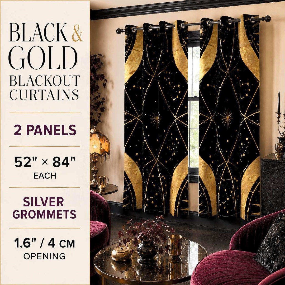 May include: Two blackout curtain panels featuring a black background with a gold celestial pattern of stars and lines. Each panel measures 52 inches by 84 inches and includes silver grommets with a 1.6 inch opening for hanging on a curtain rod.