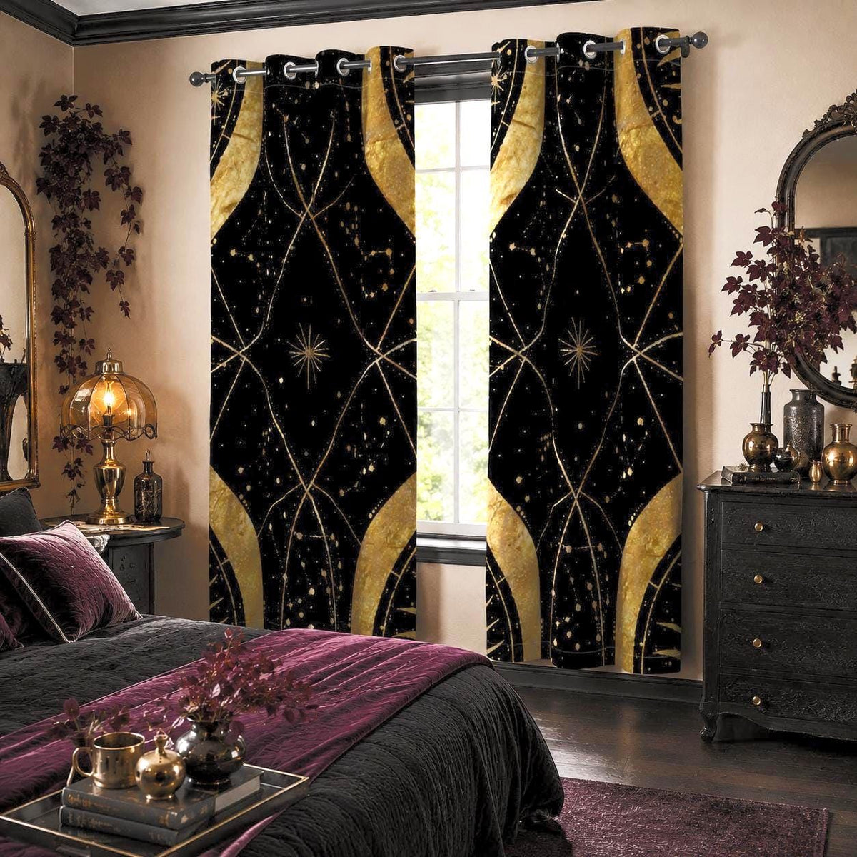 May include: A pair of floor-length curtains featuring a black background with a gold geometric pattern of intersecting lines, starbursts, and celestial dots. The curtains are hung on a silver metal rod with circular grommets at the top.