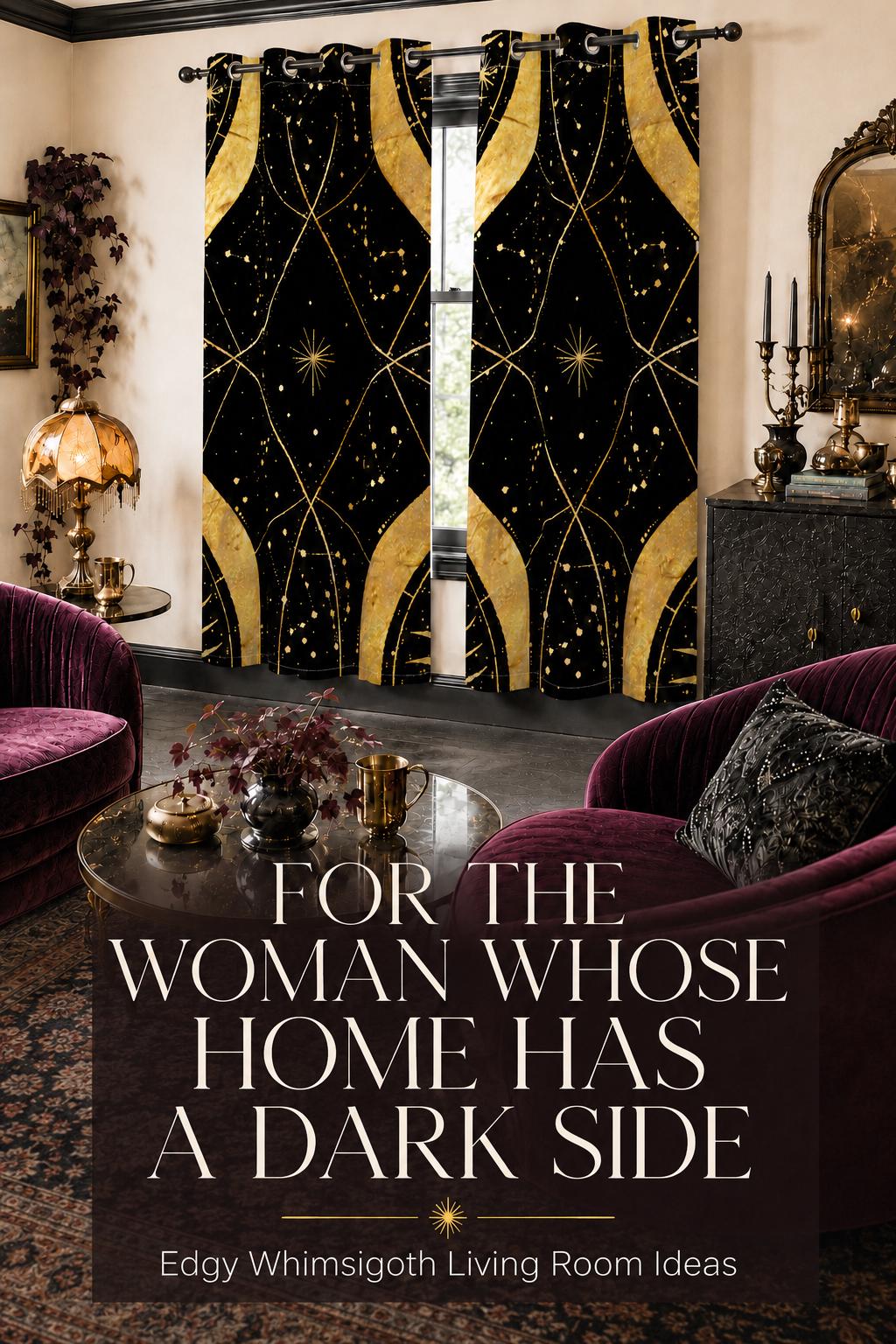 May include: Two floor-length curtains featuring a black background with a gold celestial pattern of stars, constellations, and curved lines. The curtains are hung on a black rod with grommets and display a repeating geometric design.