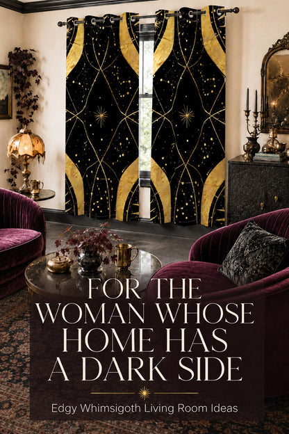 May include: Two floor-length curtains featuring a black background with a gold celestial pattern of stars, constellations, and curved lines. The curtains are hung on a black rod with grommets and display a repeating geometric design.