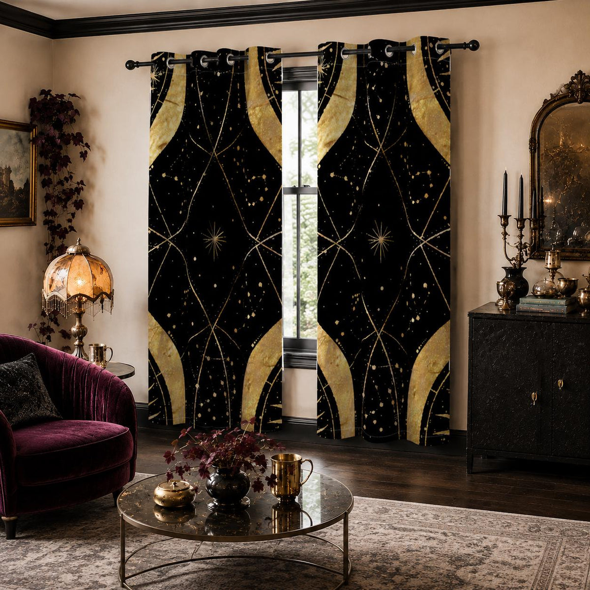 May include: A pair of floor-length window curtains featuring a black background with a repeating gold celestial pattern of thin lines, starbursts, and dots. The curtains are hung on a black rod with metal grommets at the top for easy sliding.
