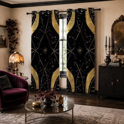 May include: A pair of floor-length window curtains featuring a black background with a repeating gold celestial pattern of thin lines, starbursts, and dots. The curtains are hung on a black rod with metal grommets at the top for easy sliding.