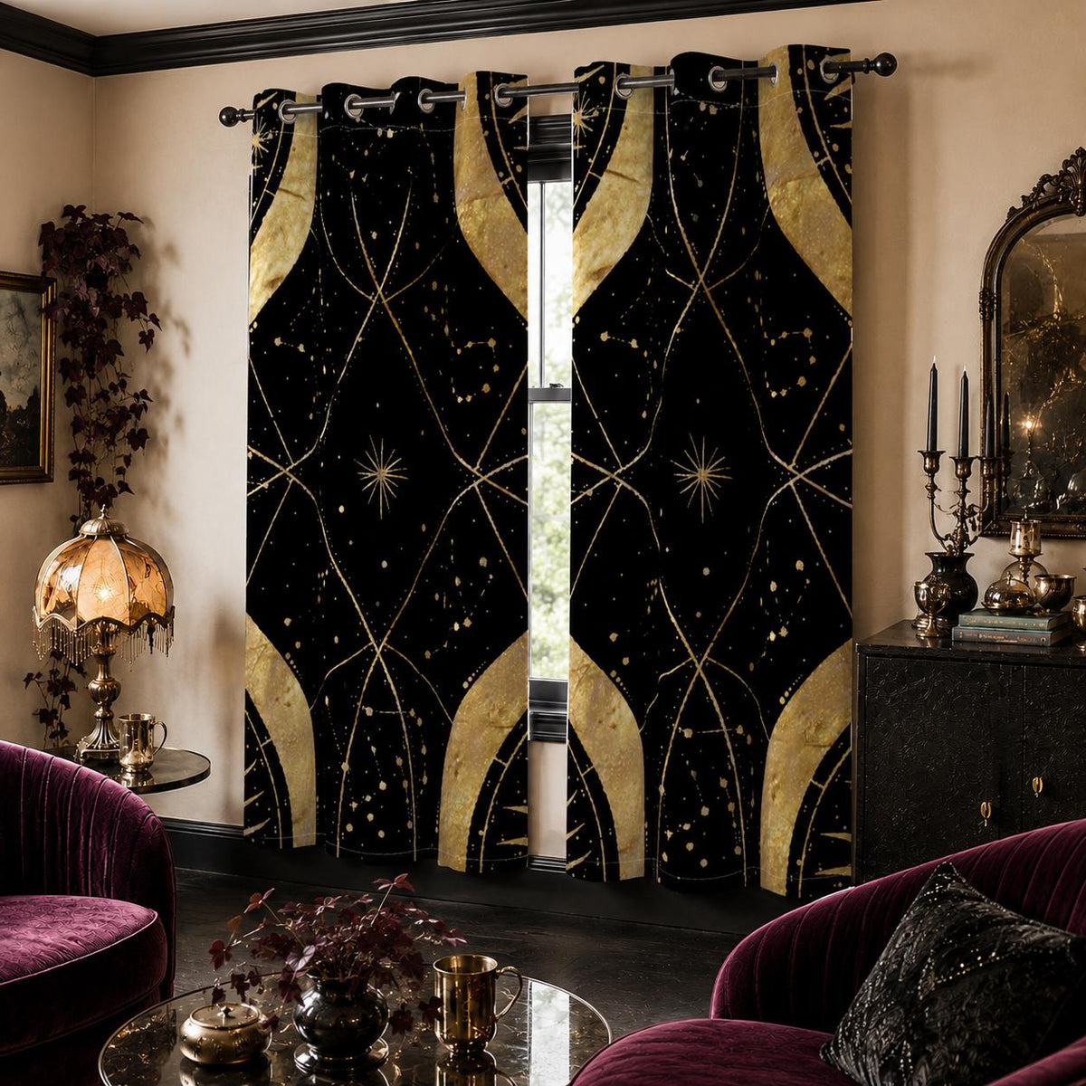 May include: A pair of floor-length curtains featuring a black background with a repeating gold celestial pattern of stars, constellations, and arched lines. The curtains are hung on a dark metal rod using silver-toned grommets at the top edge.
