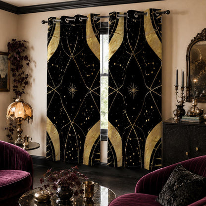 May include: A pair of floor-length curtains featuring a black background with a repeating gold celestial pattern of stars, constellations, and arched lines. The curtains are hung on a dark metal rod using silver-toned grommets at the top edge.