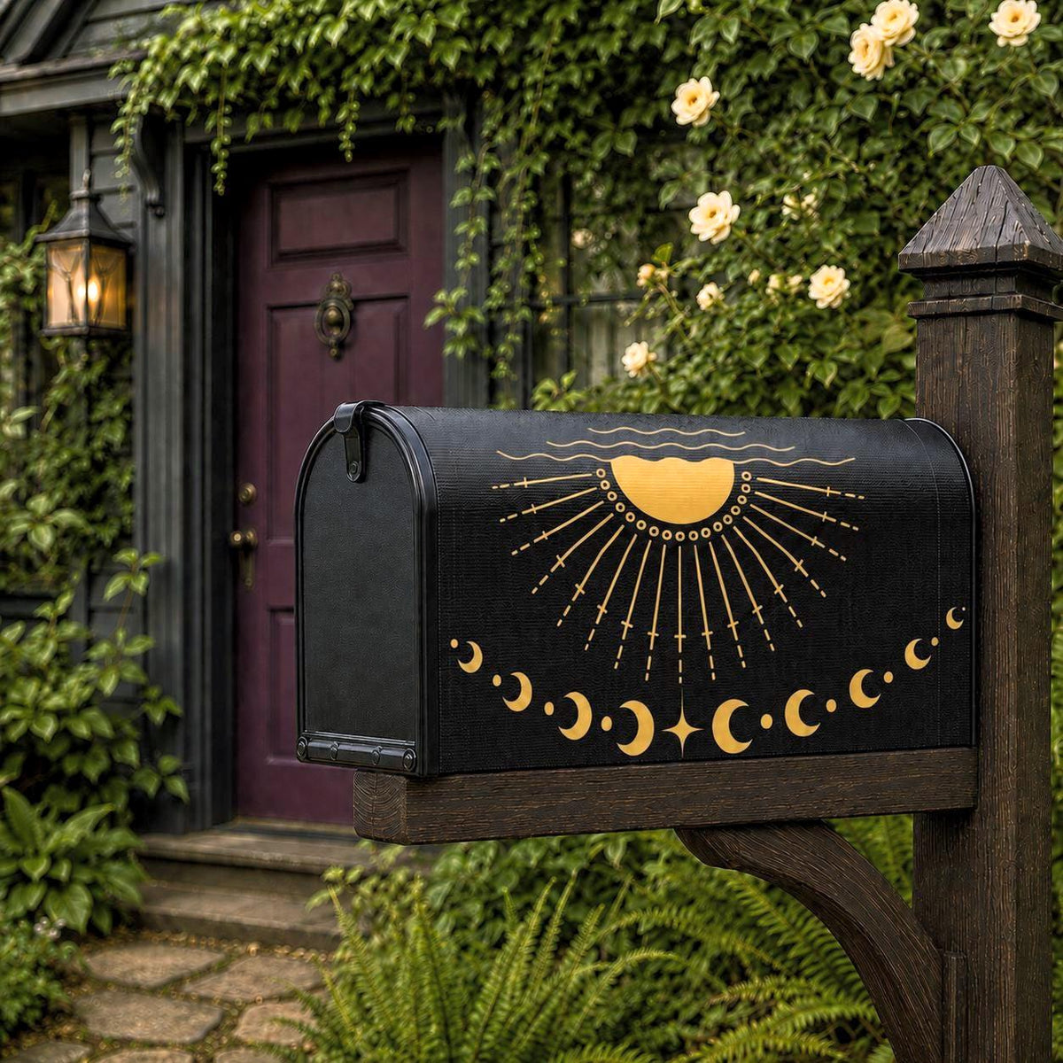 Black and Gold Celestial Mailbox Cover | Magnetic Sun Moon Mailbox Wrap | Witchy Whimsigoth Outdoor Decor | Standard Size Mailbox