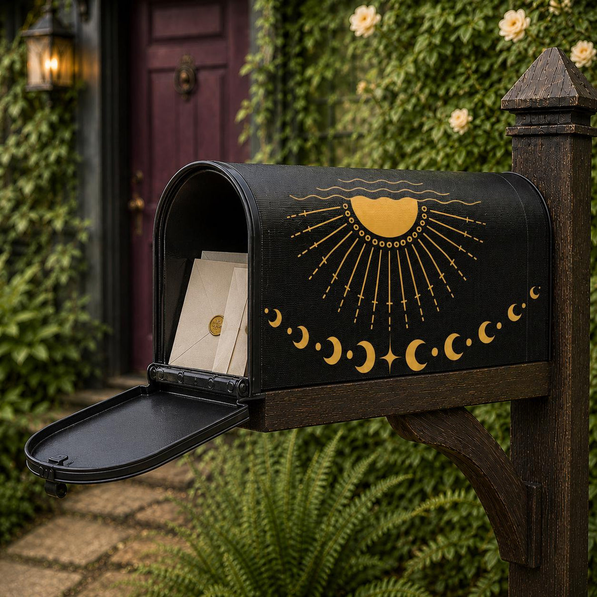 Black and Gold Celestial Mailbox Cover | Magnetic Sun Moon Mailbox Wrap | Witchy Whimsigoth Outdoor Decor | Standard Size Mailbox