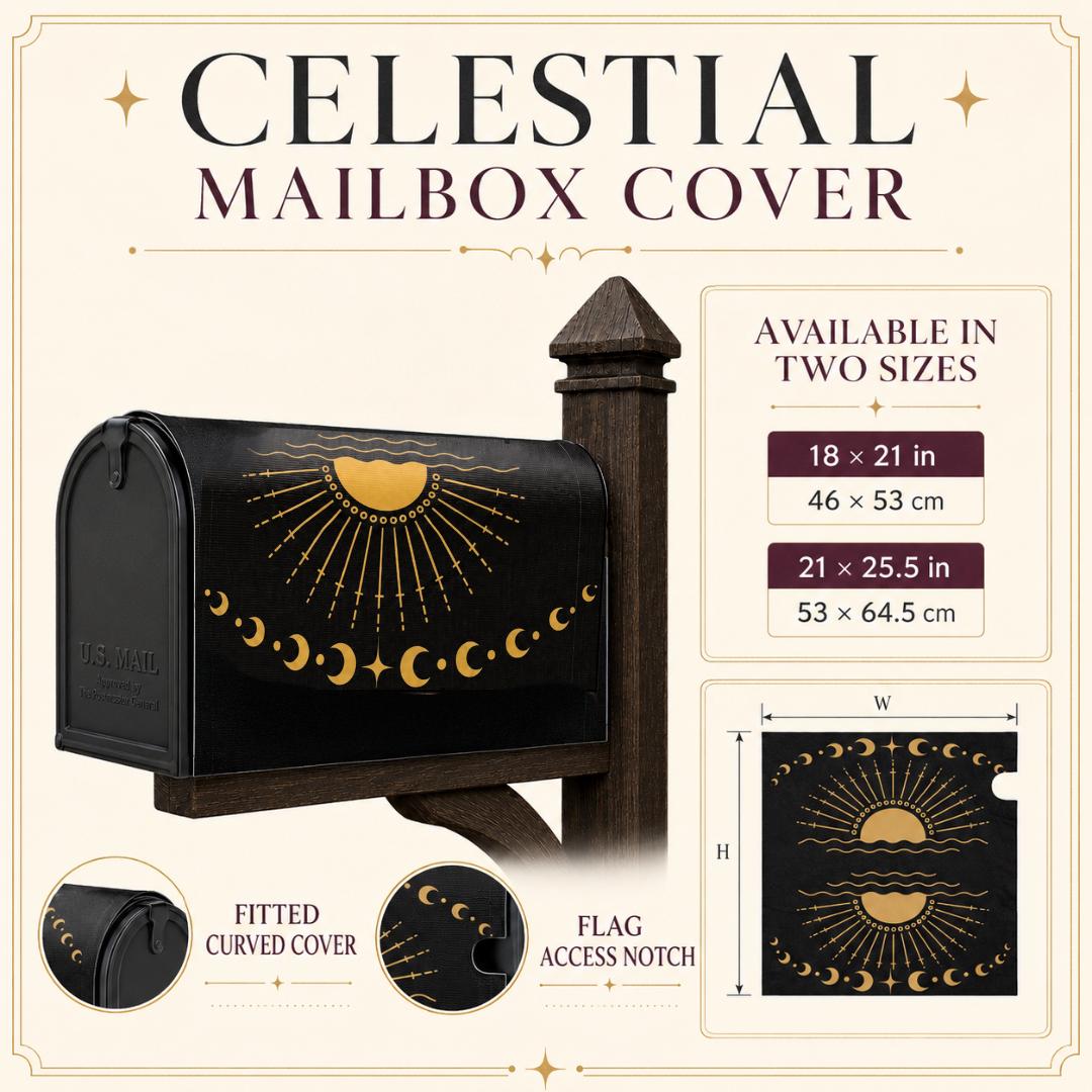 Black and Gold Celestial Mailbox Cover | Magnetic Sun Moon Mailbox Wrap | Witchy Whimsigoth Outdoor Decor | Standard Size Mailbox